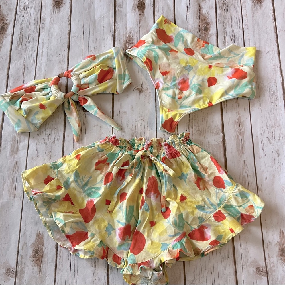 Montce Yellow Floral Bikini Set with Coral & Aqua Accents